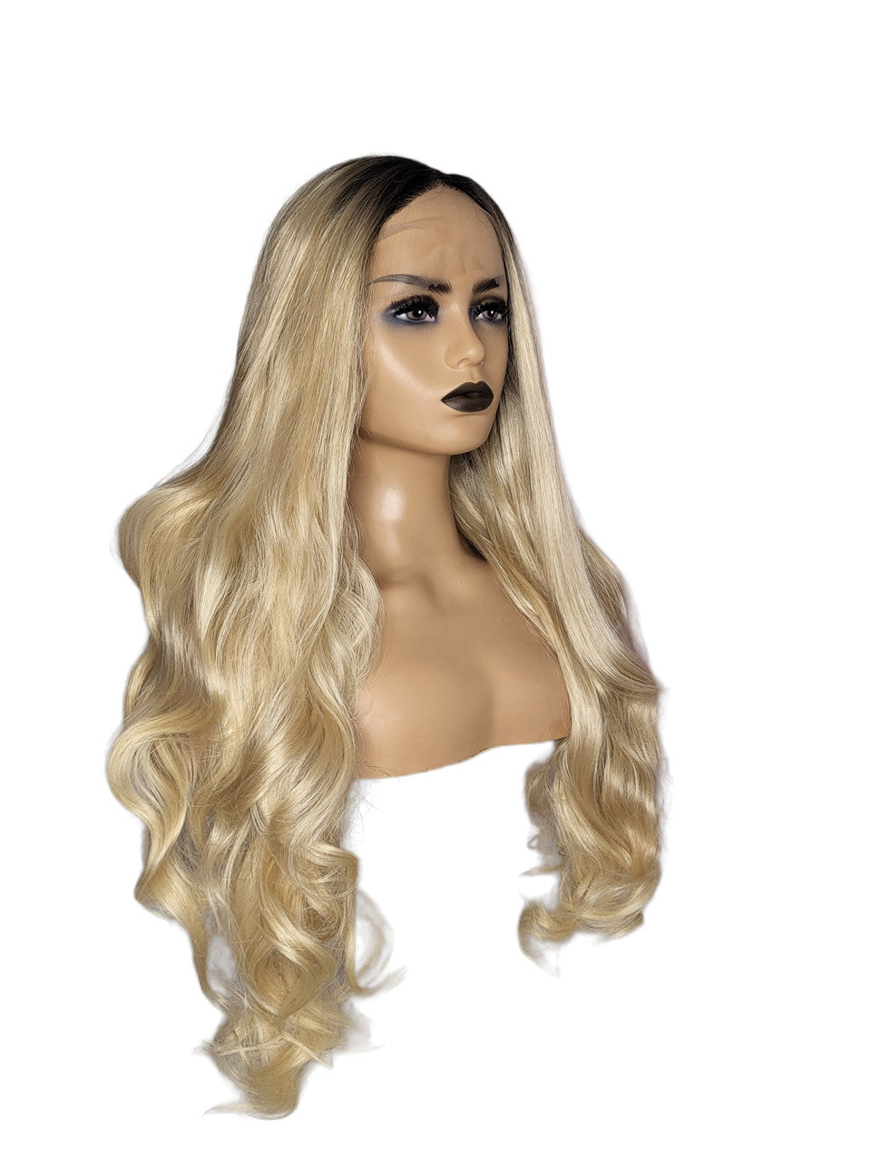 Long Wavy Mixed Light Blonde Dark Roots Lace Front Wig. Maya
