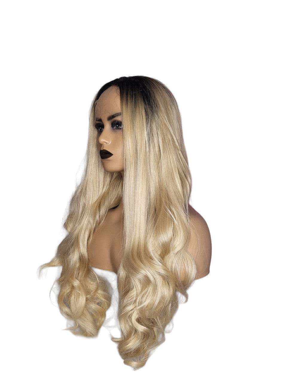 Long Wavy Mixed Light Blonde Dark Roots Lace Front Wig. Maya