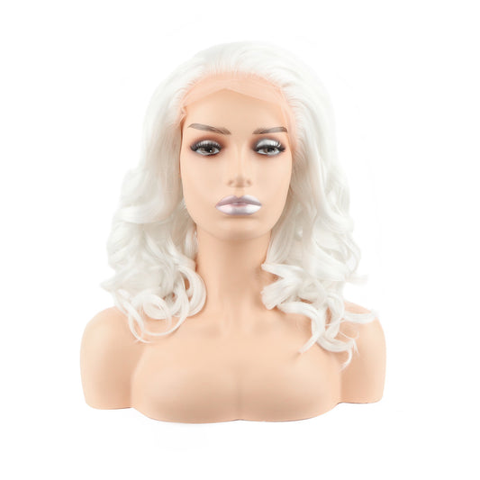 White Blonde Mid length Curly Lace Front Wig. Cherry