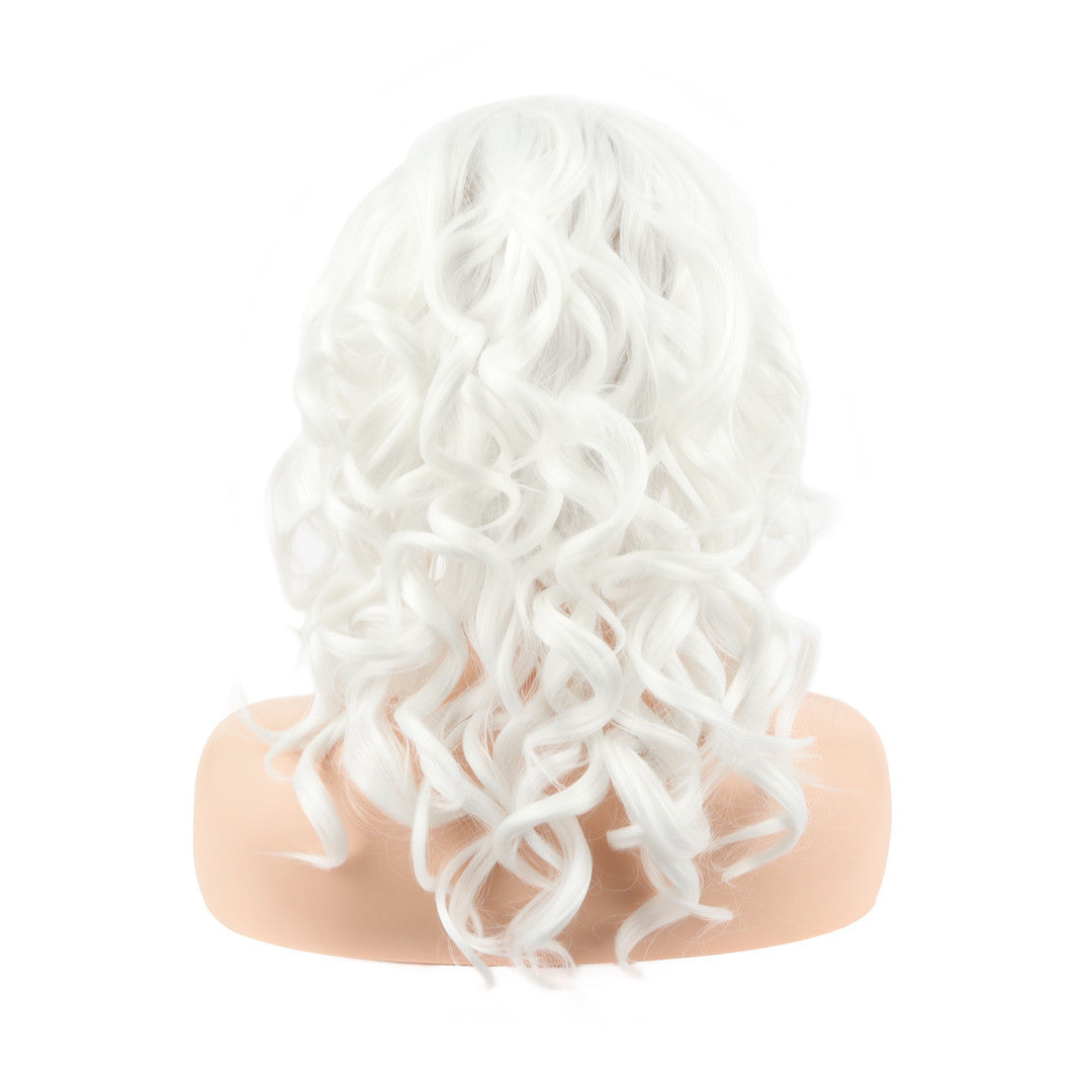 White Blonde Mid Length Curly Lace Front Wig. Cherry