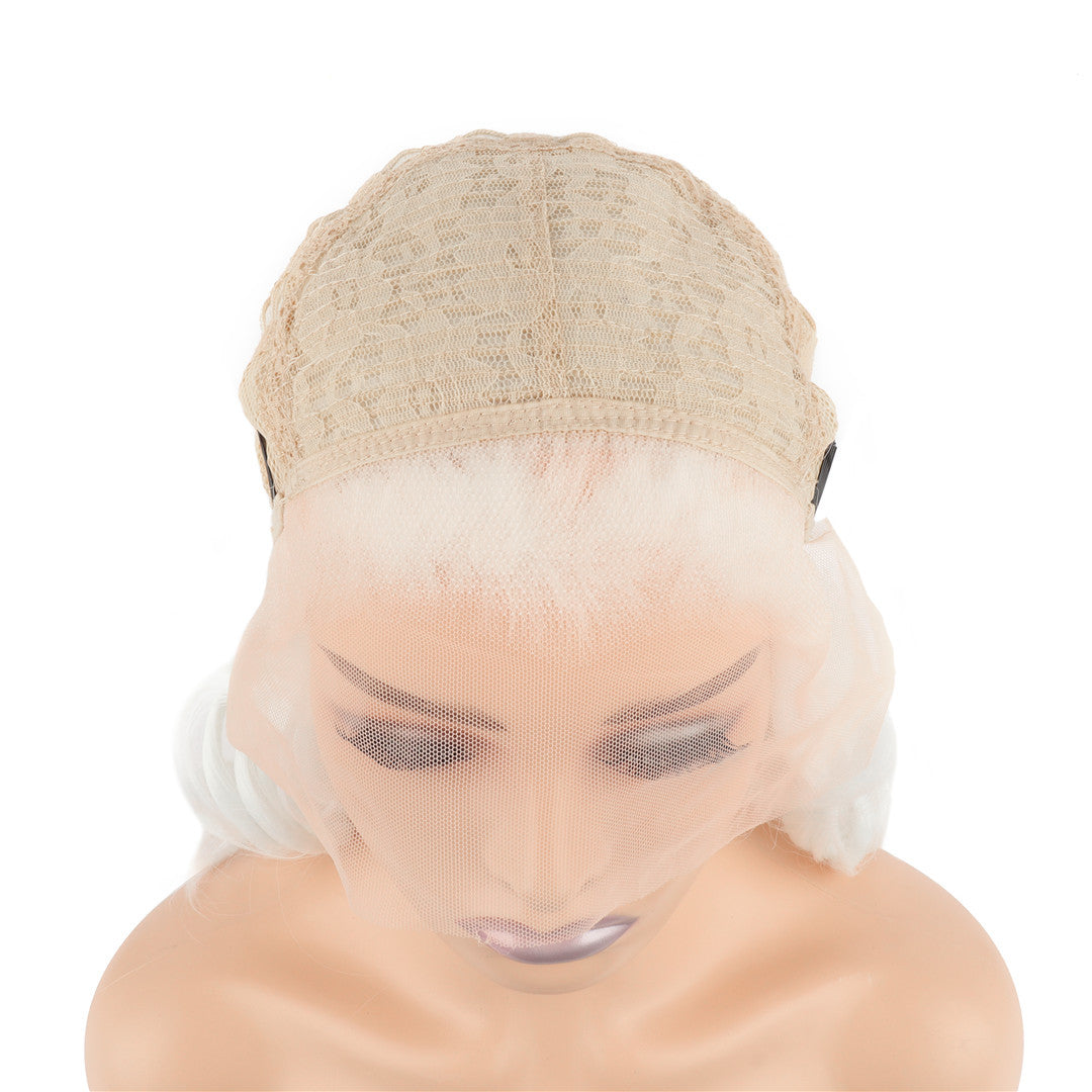 White Blonde Mid Length Curly Lace Front Wig. Cherry