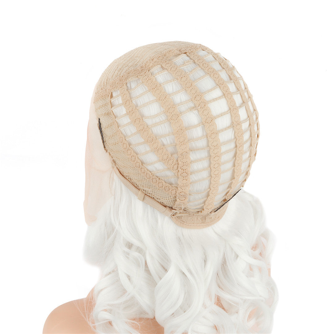 White Blonde Mid Length Curly Lace Front Wig. Cherry