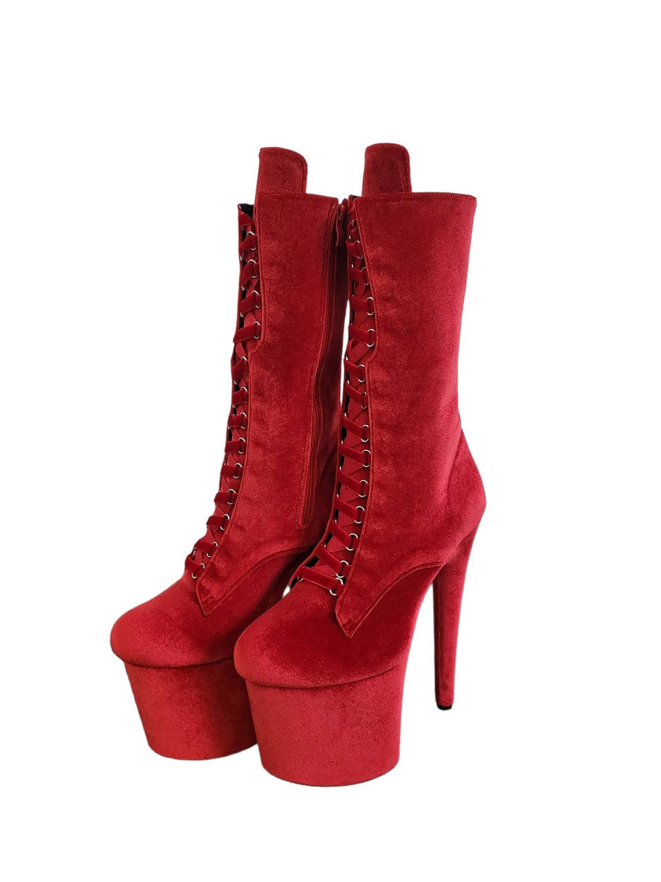 Red Velvet Calf Length Platform Boots