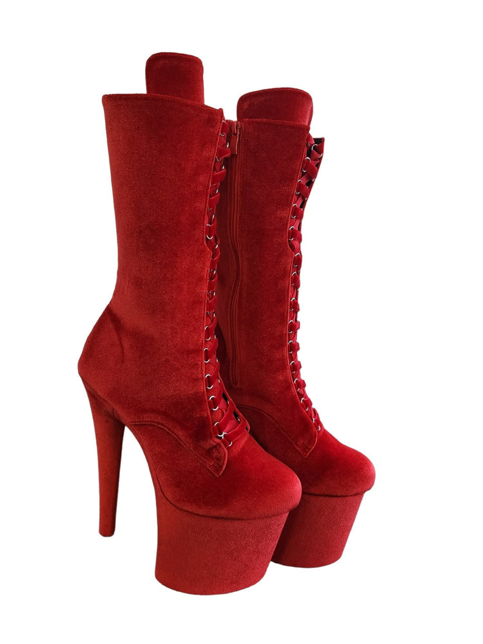 Red Velvet Calf Length Platform Boots
