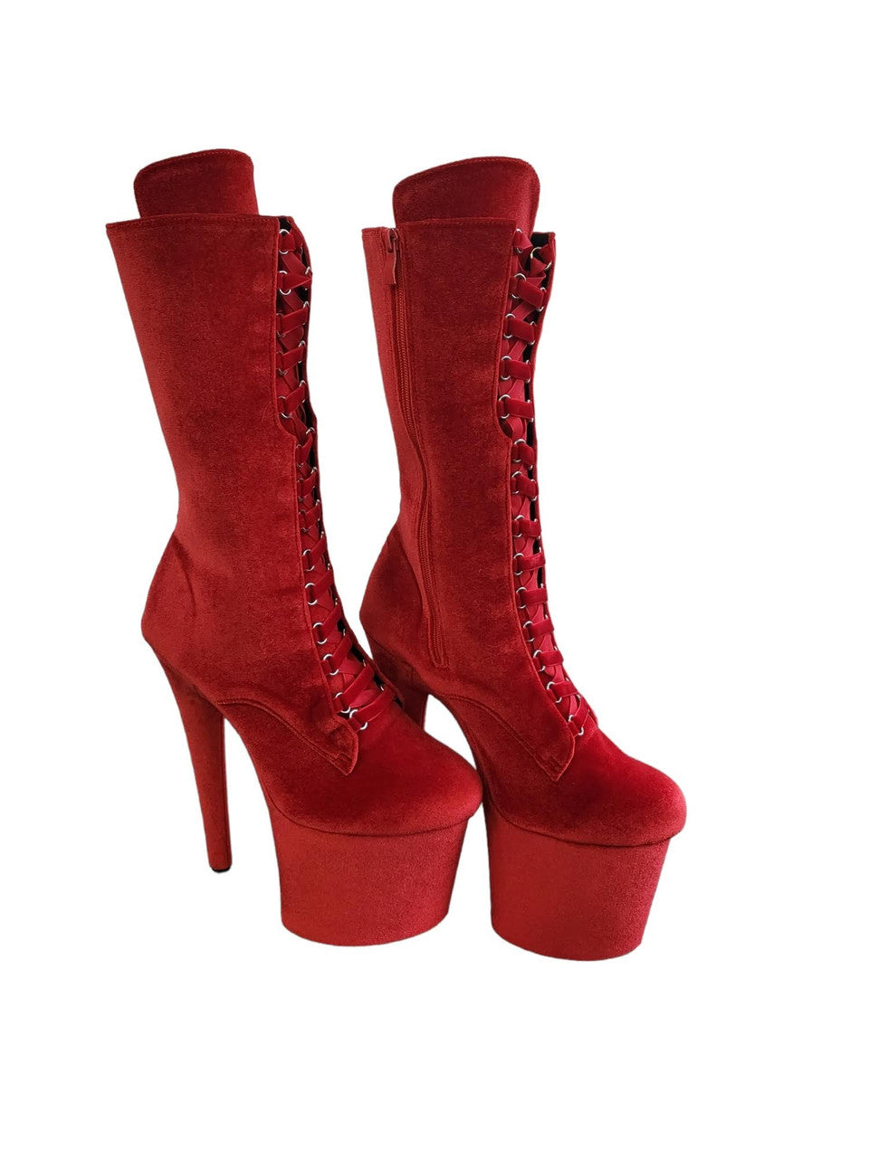 Red Velvet Calf Length Platform Boots