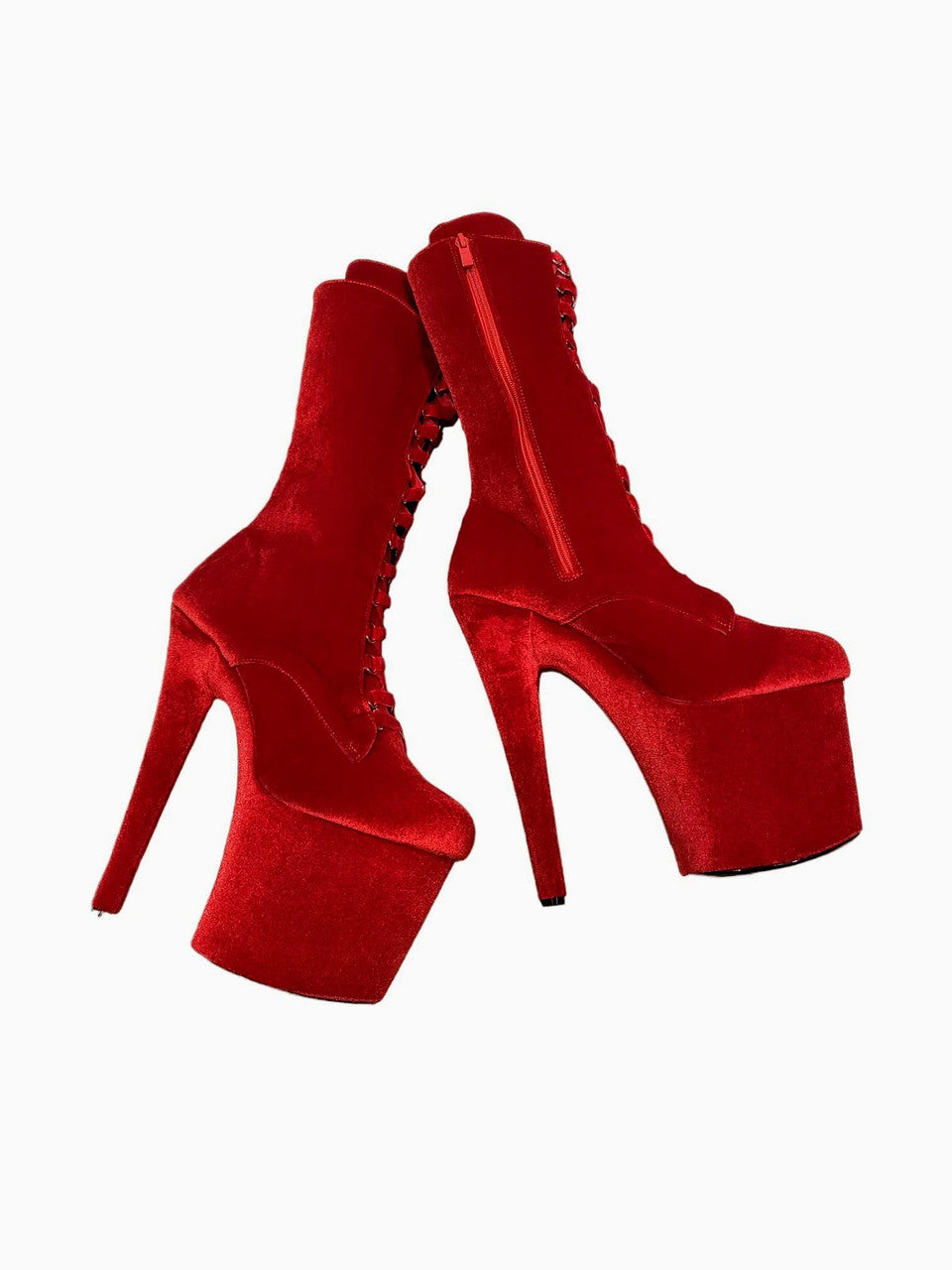 Red Velvet Calf Length Platform Boots