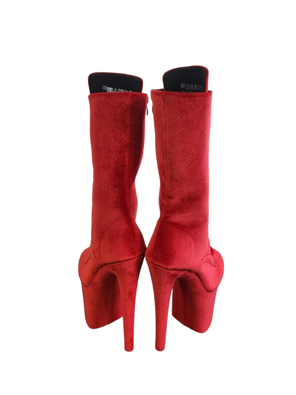 Red Velvet Calf Length Platform Boots
