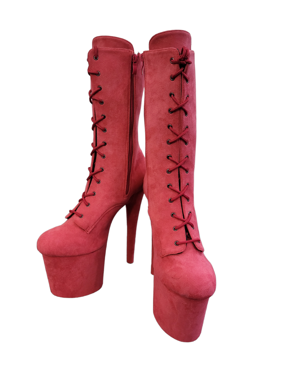 Coral Pink Faux Suede Calf Length Platform Boots