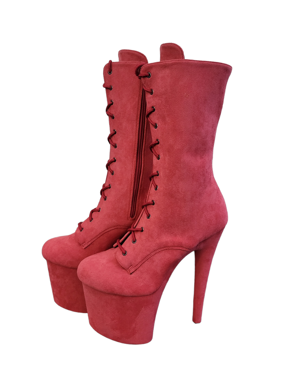 Coral Pink Faux Suede Calf Length Platform Boots