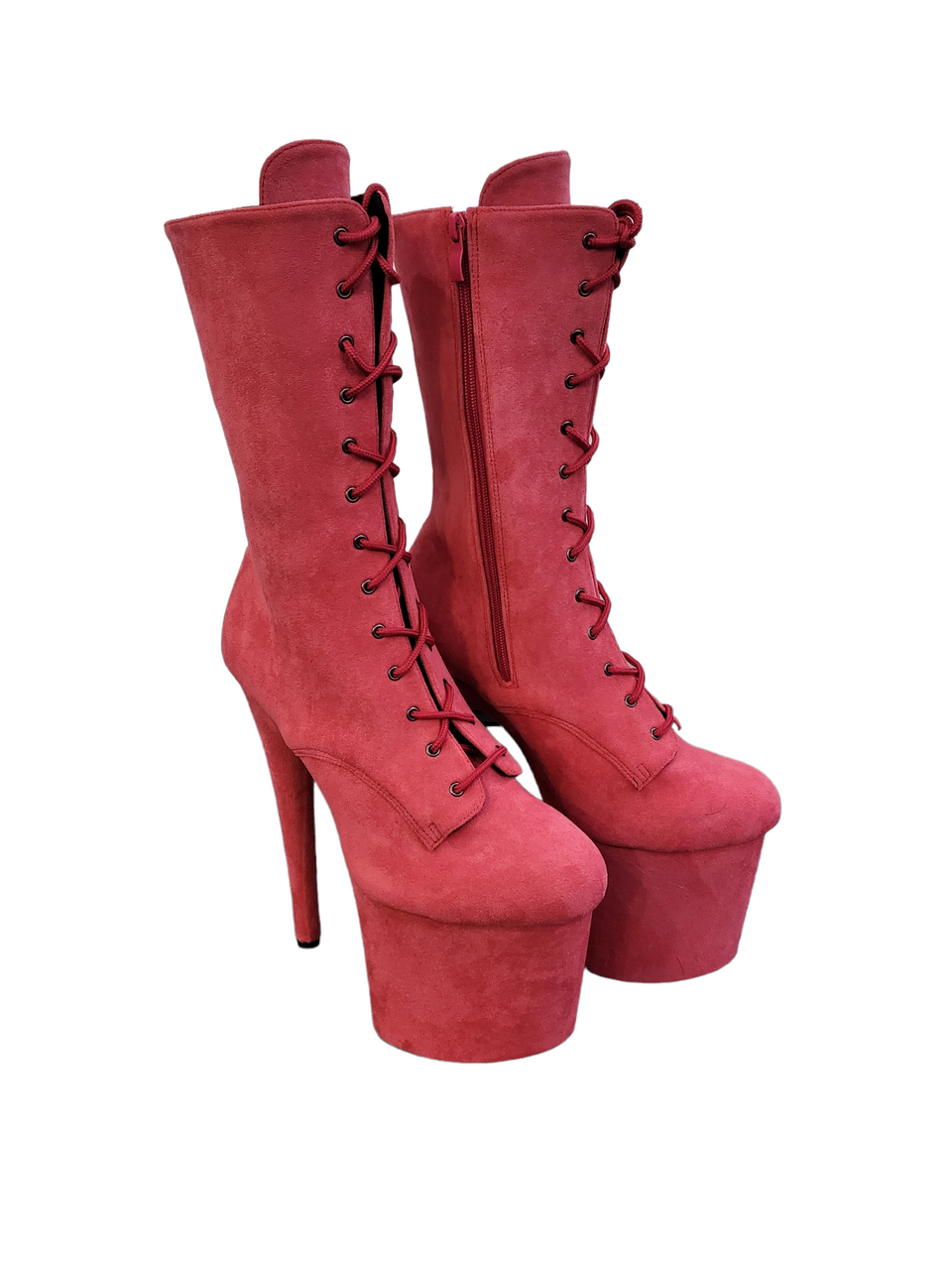 Coral Pink Faux Suede Calf Length Platform Boots