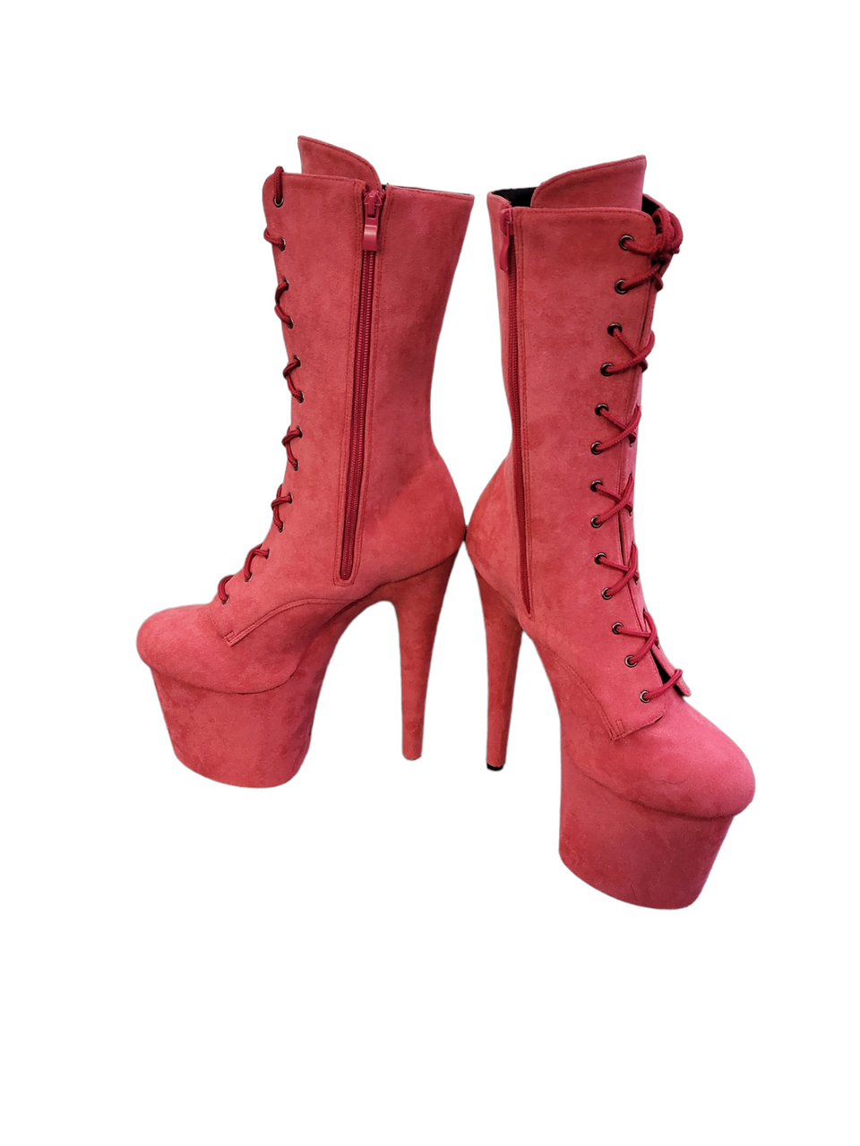 Coral Pink Faux Suede Calf Length Platform Boots