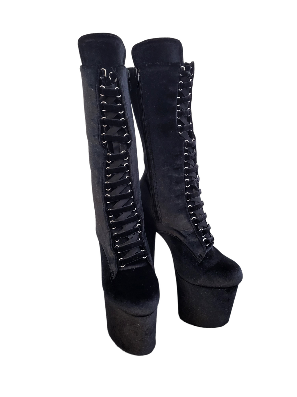Black Velvet Calf Length Platform Boots