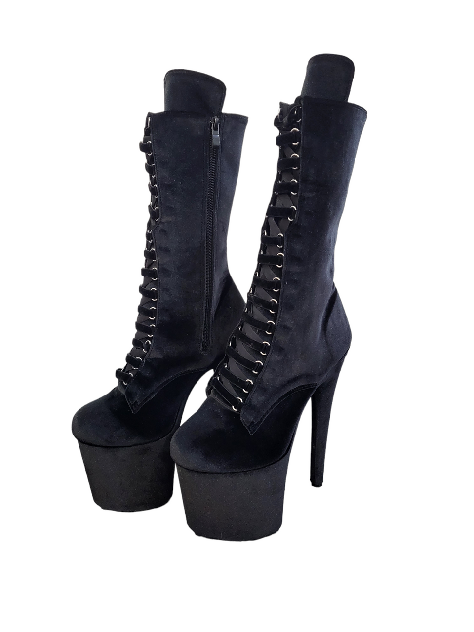 Black Velvet Calf Length Platform Boots