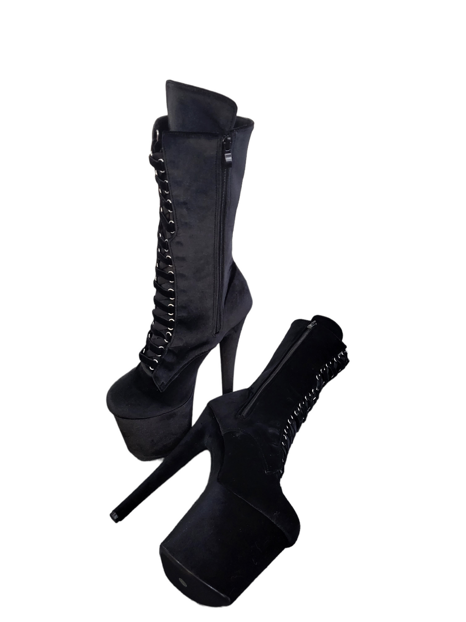 Black Velvet Calf Length Stiletto Platform Boots