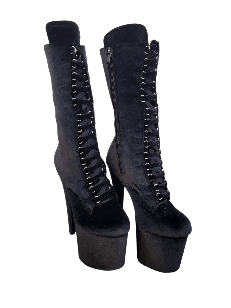 Black Velvet Calf Length Platform Boots