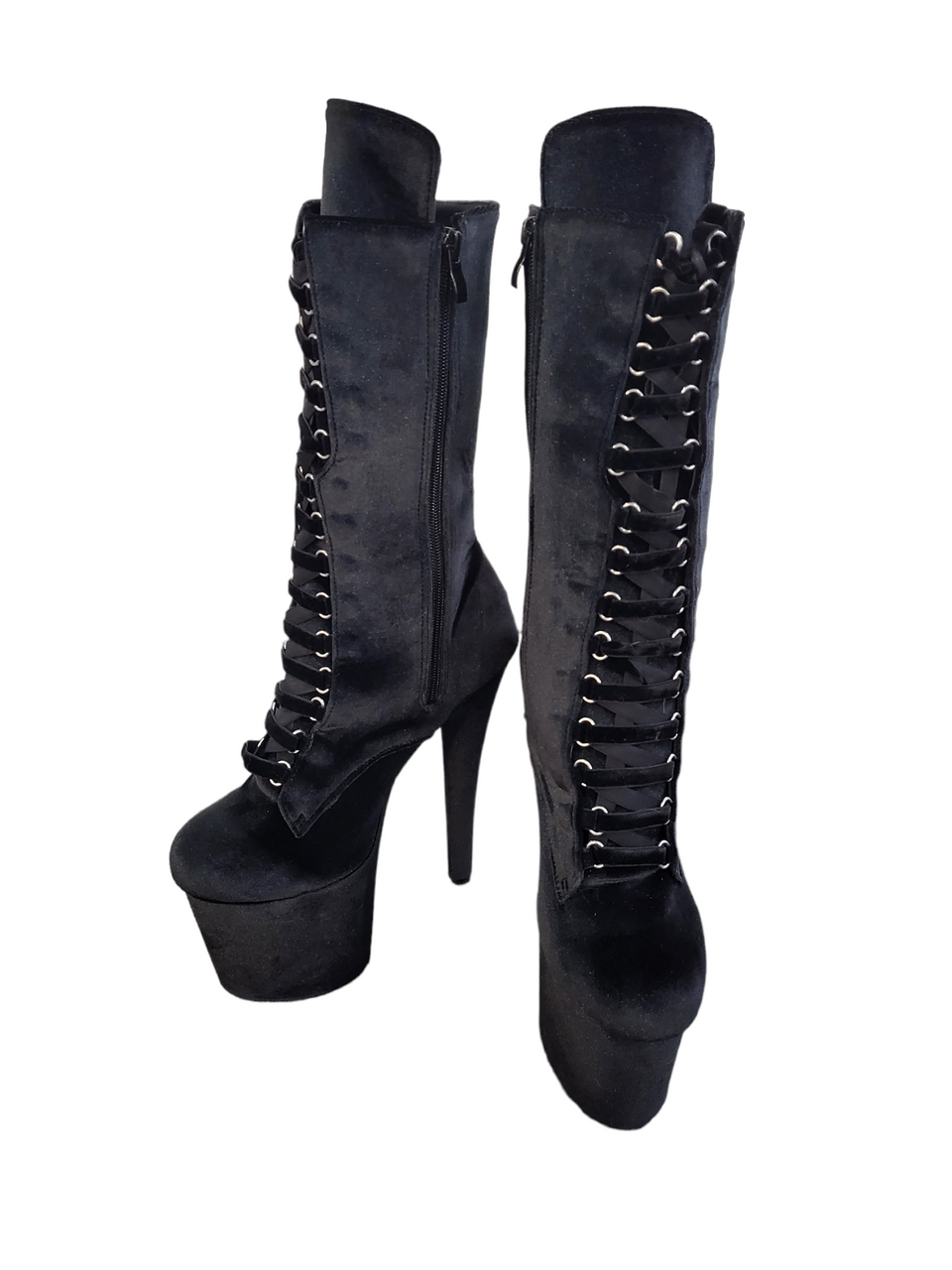 Black Velvet Calf Length Platform Boots