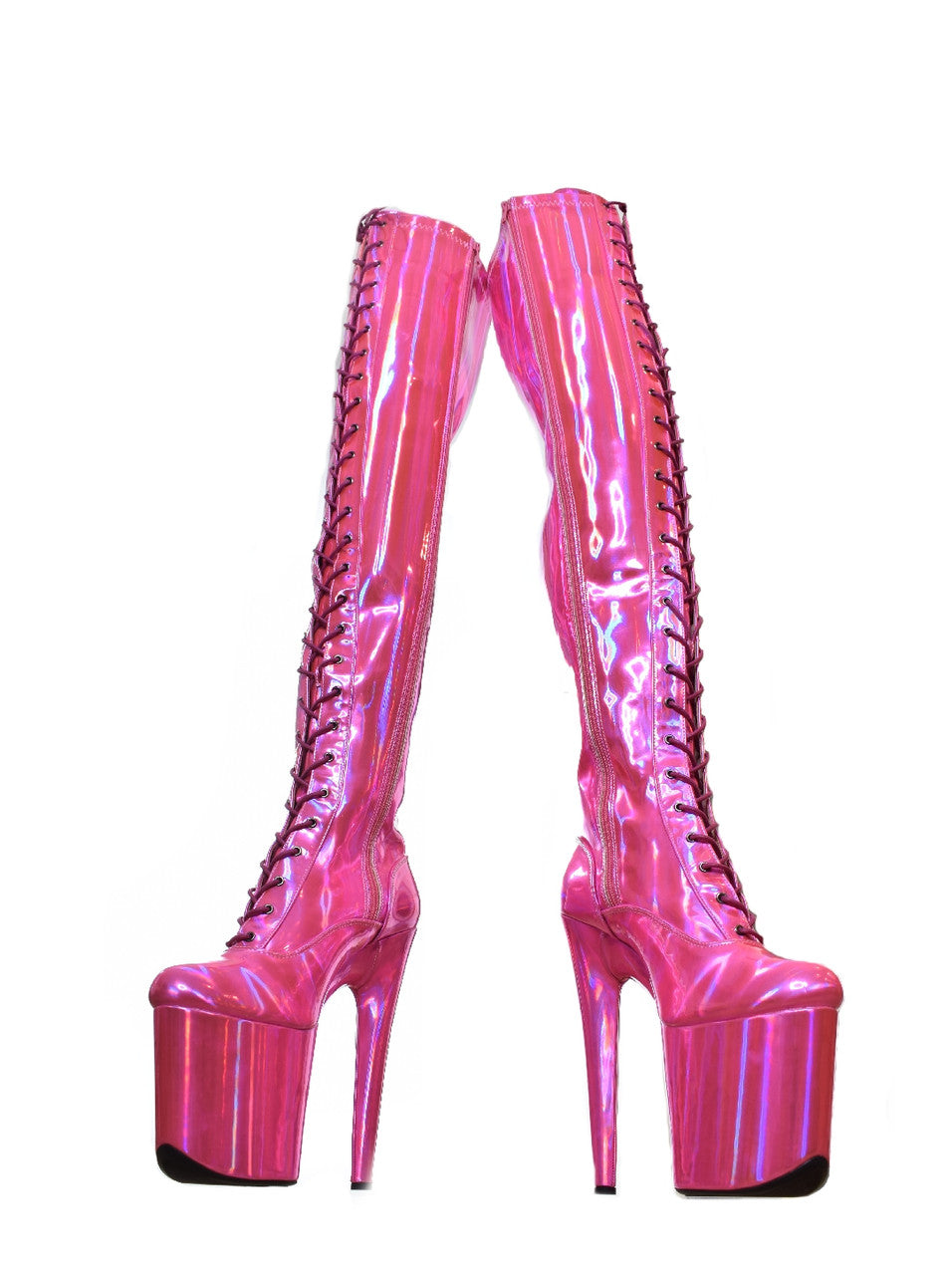 Barbz Pearlescent Pink Thigh High Platform Boots. 20cm 8 Inch Heels. Dragpole Shoes