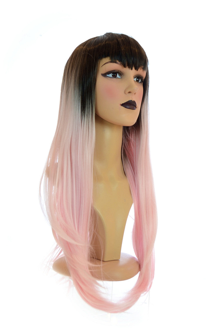 Long Straight Pastel Pink Xtina Wig. V Fringe. Dark Roots