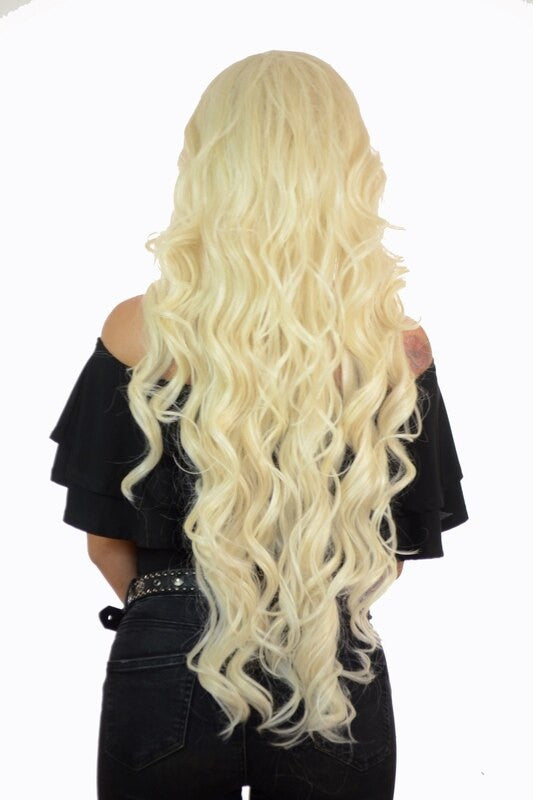 Extra Long Wavy Platinum Blonde Lace Front Wig. Jasmine