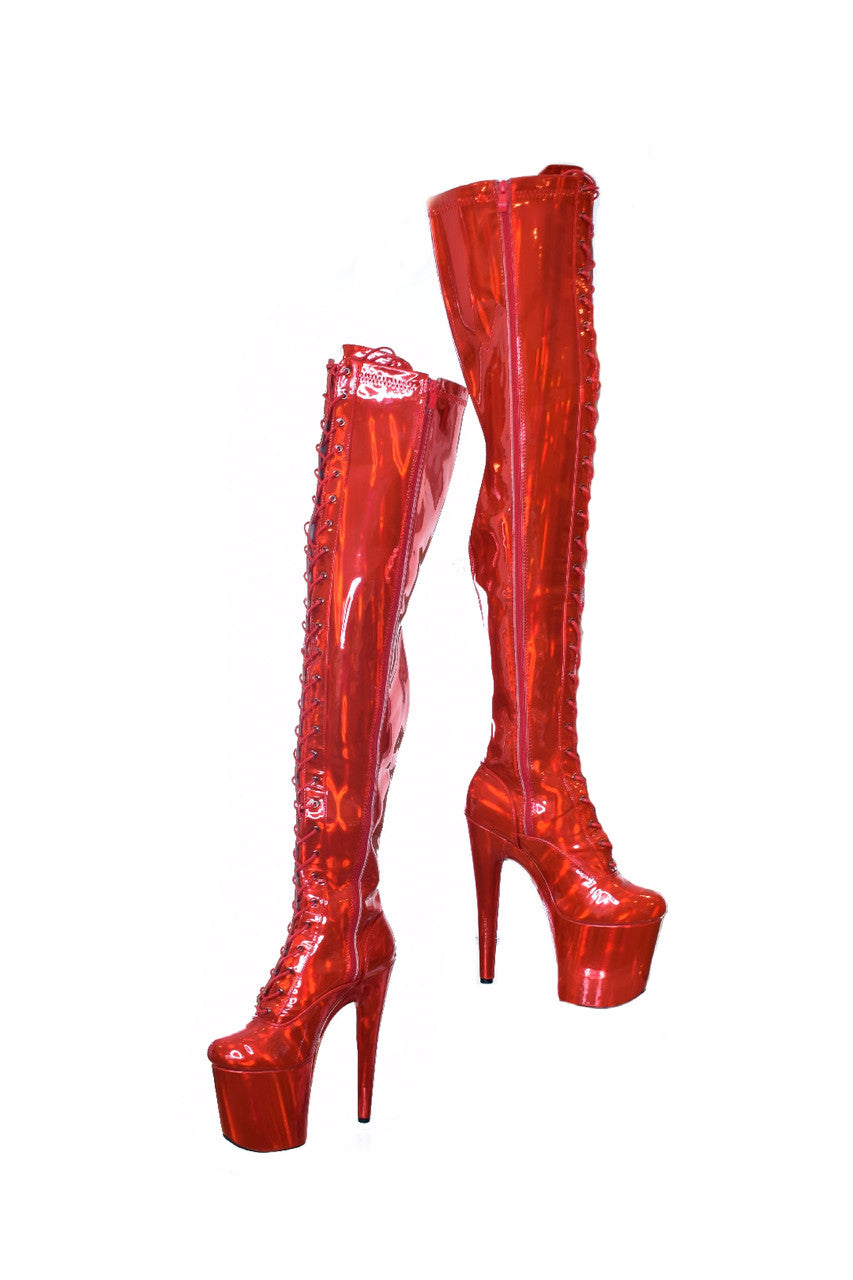 Hot Cherry Red Thigh High Platform Boot. Vegan Leather. 20cm 8 Inch.