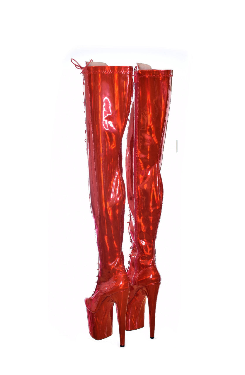 Hot Cherry Red Thigh High Platform Boot. Vegan Leather. 20cm 8 Inch.