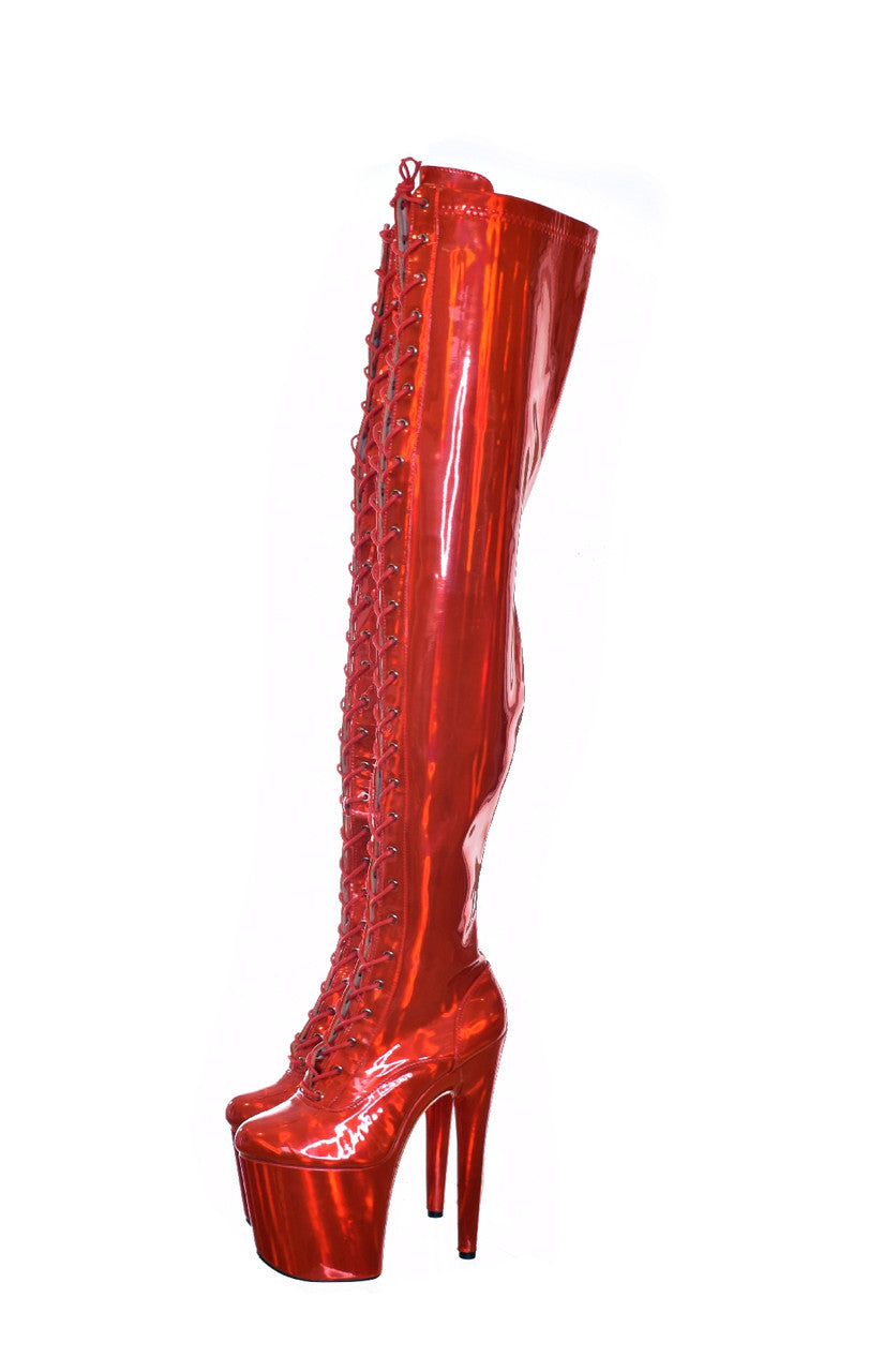 Hot Cherry Red Thigh High Platform Boot. Vegan Leather. 20cm 8 Inch.