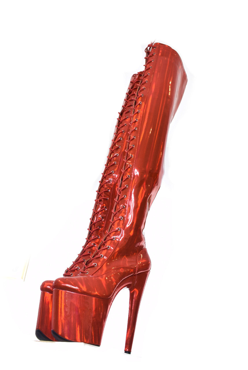 Hot Cherry Red Thigh High Platform Boot. Vegan Leather. 20cm 8 Inch.
