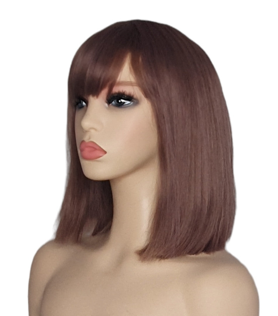 Mauve Brown Sleek Straight Blunt Bob Style Wig. Romance