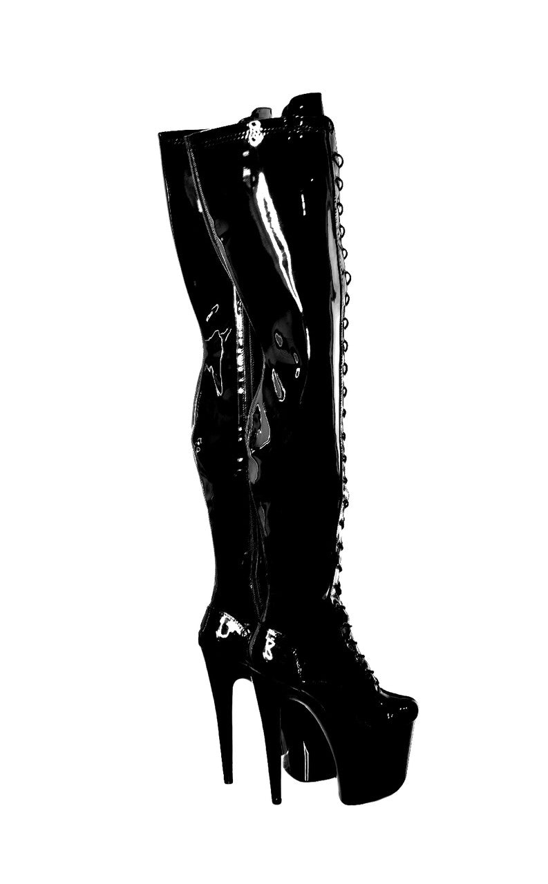 Shiny Gloss Black Thigh High Platform Boot. 20cm 8 Inch. Dragpole Shoes