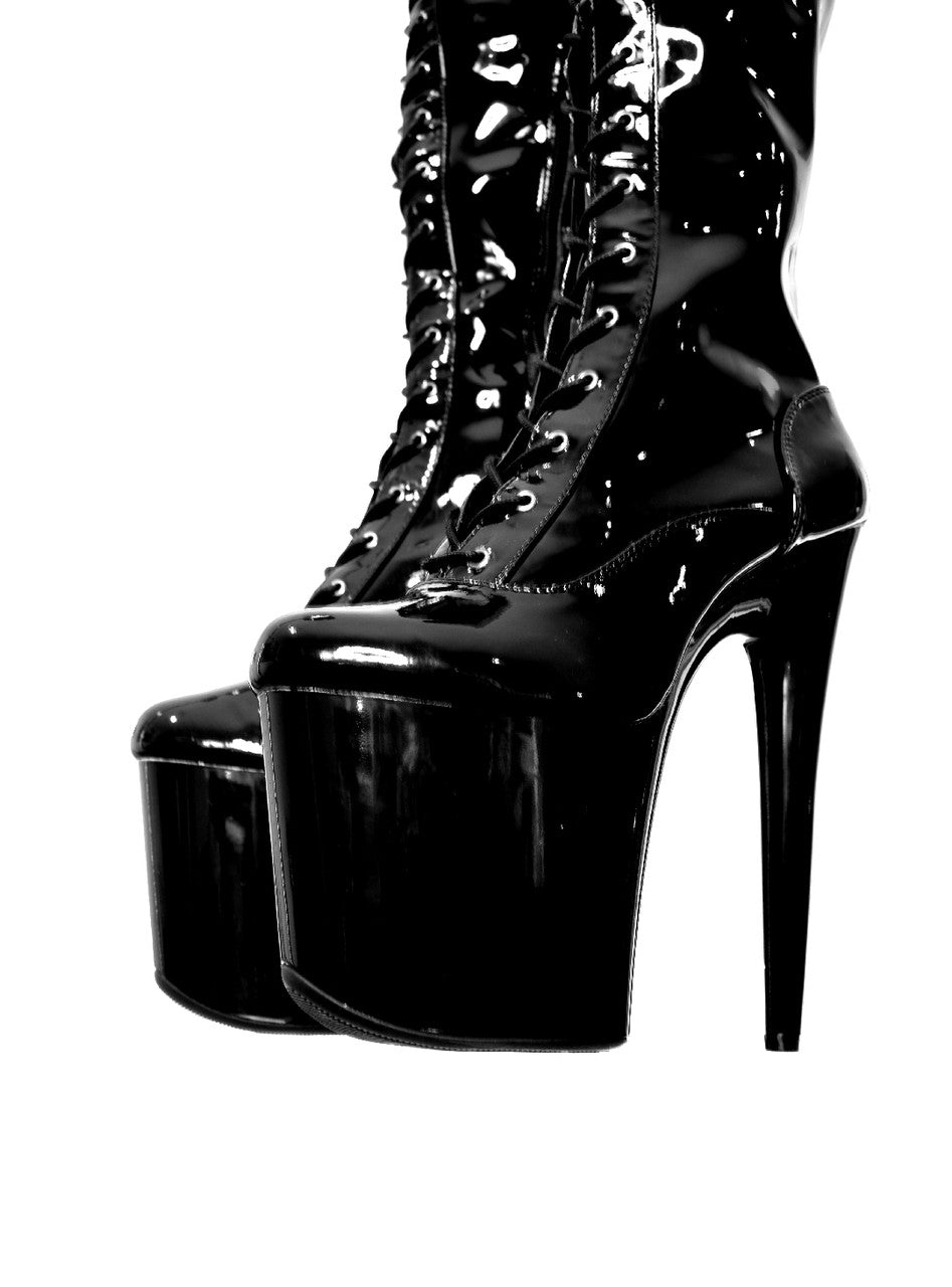 Shiny Gloss Black Thigh High Platform Boot. 20cm 8 Inch. Dragpole Shoes