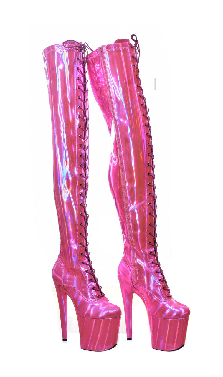 Barbz Pearlescent Pink Thigh High Platform Boots. 20cm 8 Inch Heels. Dragpole Shoes