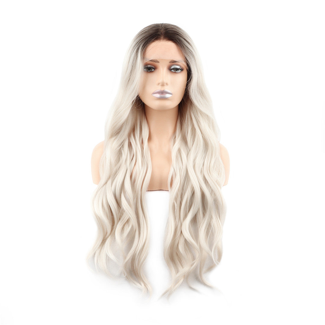 Rooted Platinum Blonde Wavy T Part Lace Front Wig. Petal