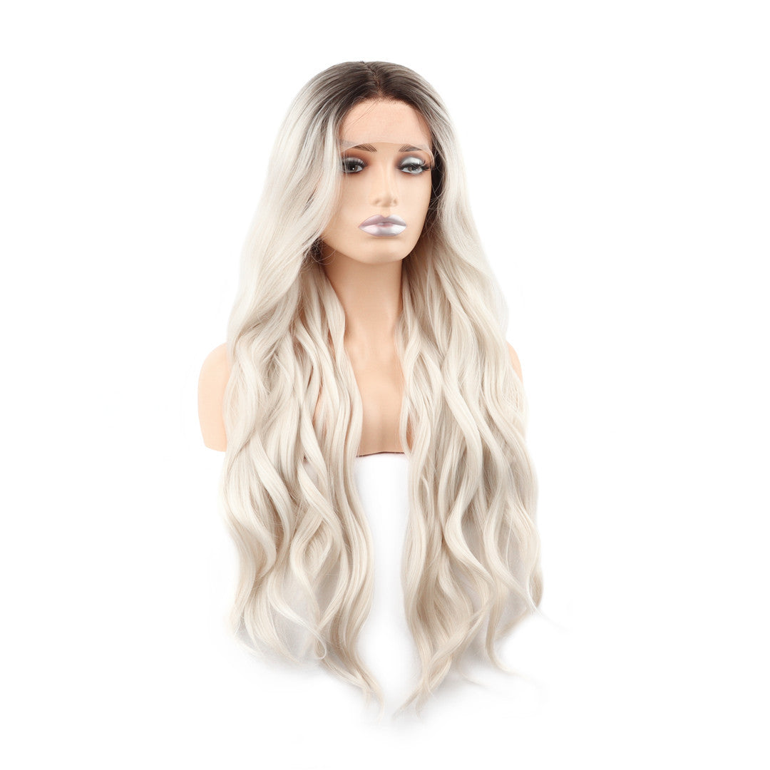 Rooted Platinum Blonde Wavy T Part Lace Front Wig. Petal