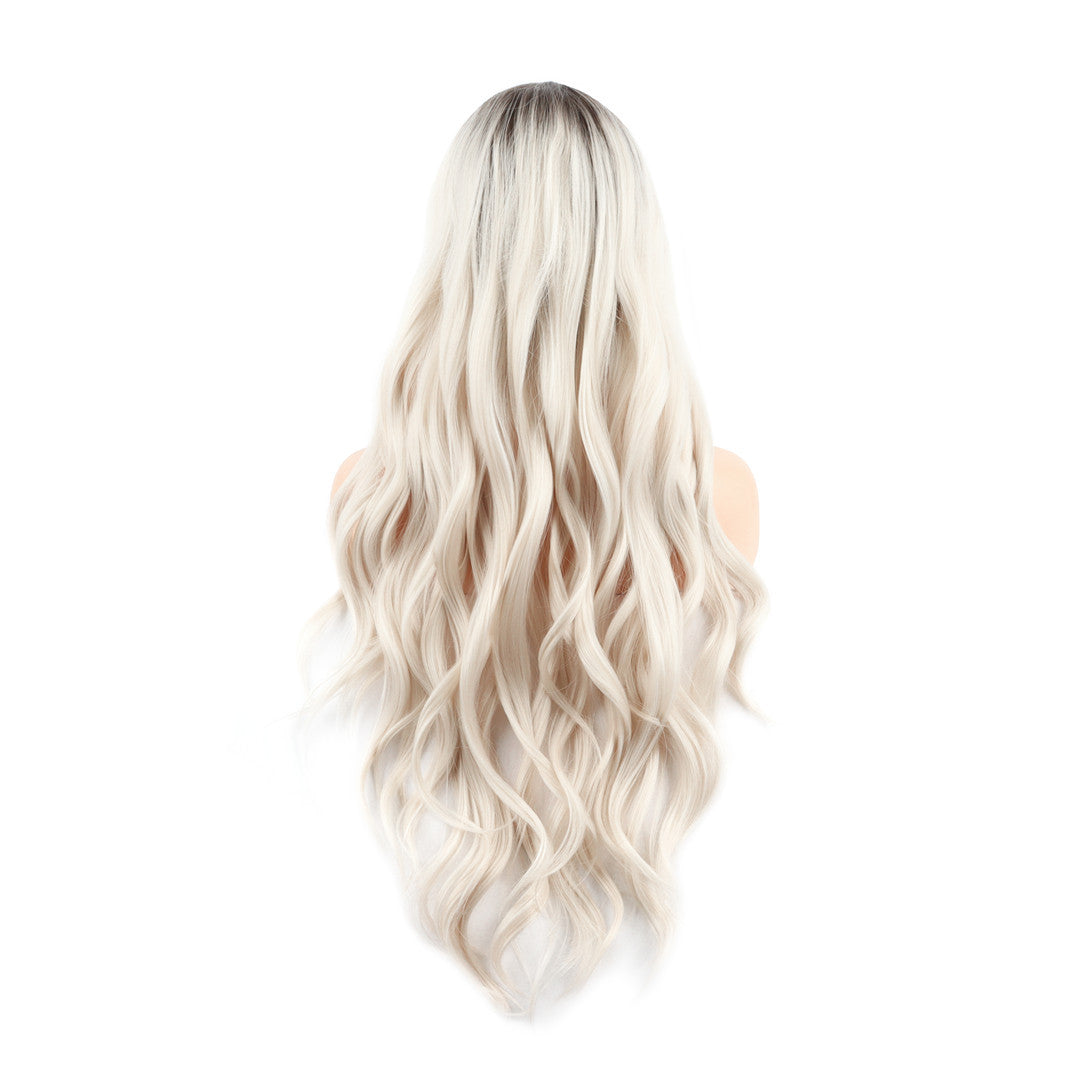 Rooted Platinum Blonde Wavy T Part Lace Front Wig. Petal
