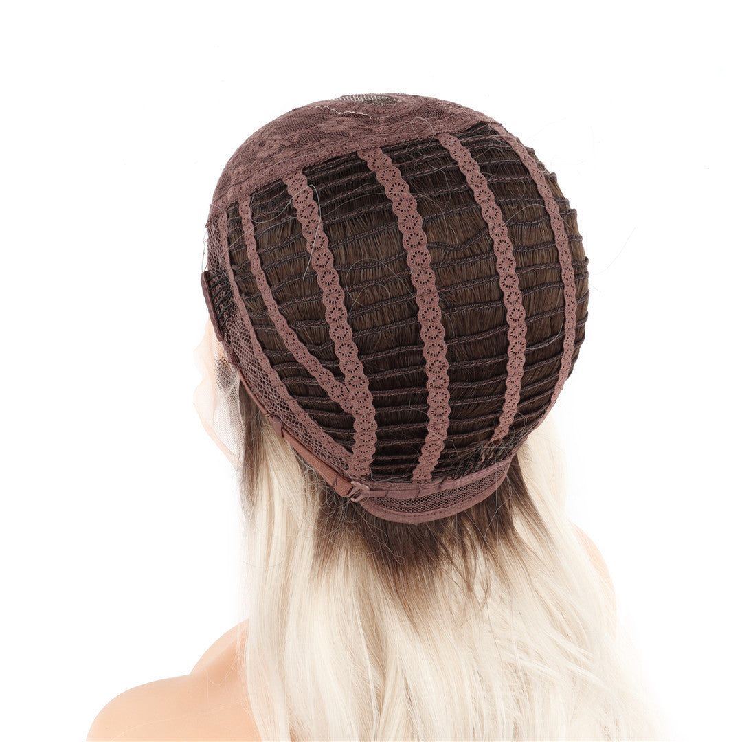 Rooted Platinum Blonde Wavy T Part Lace Front Wig. Petal