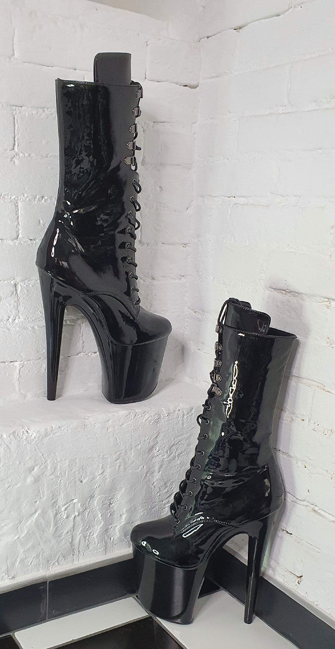 Shiny Gloss Patent Black Pole Dance Platform Boots Dragpole Shoes.