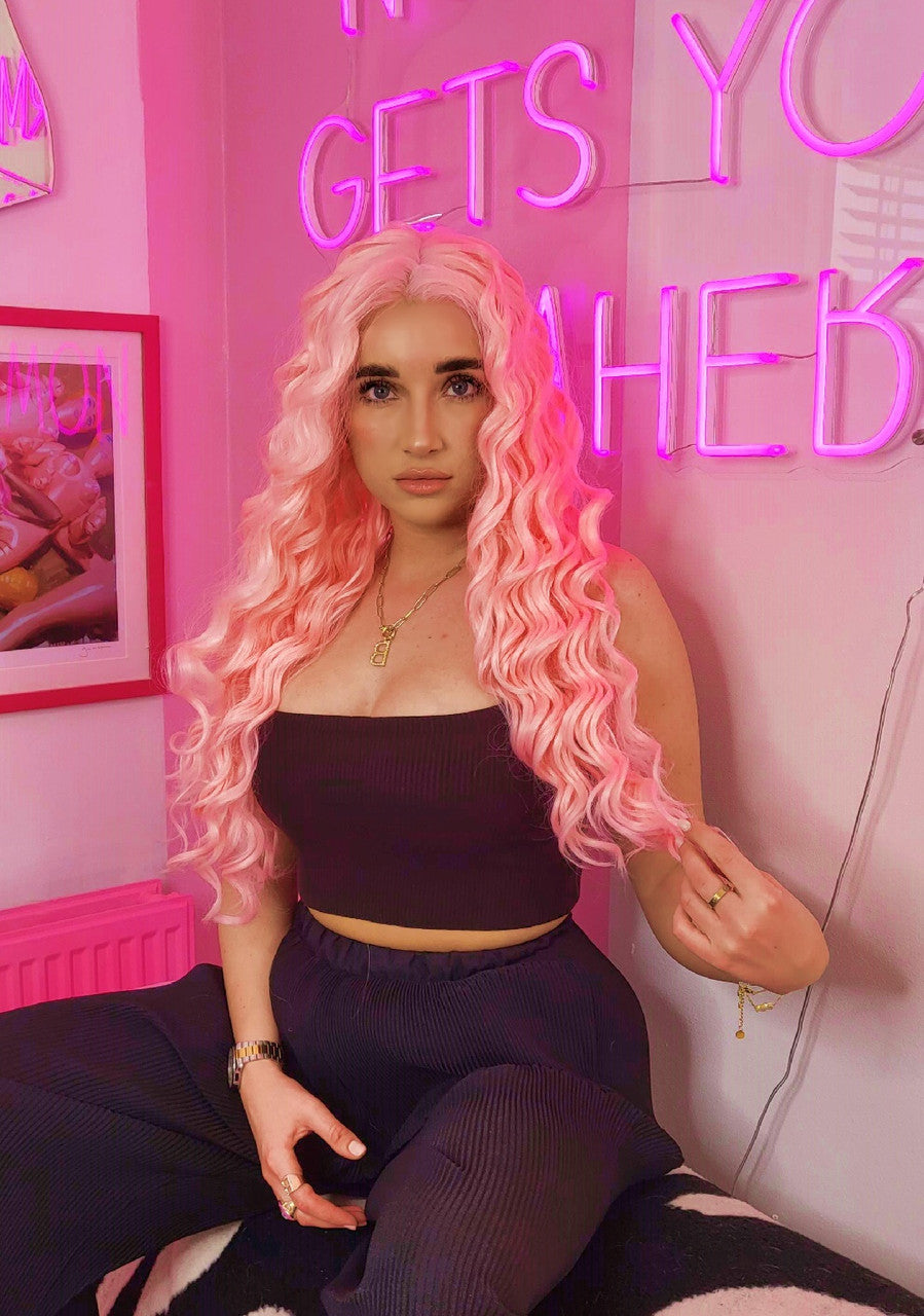 Candy Pink Long Lace Front Long Wig. Domino