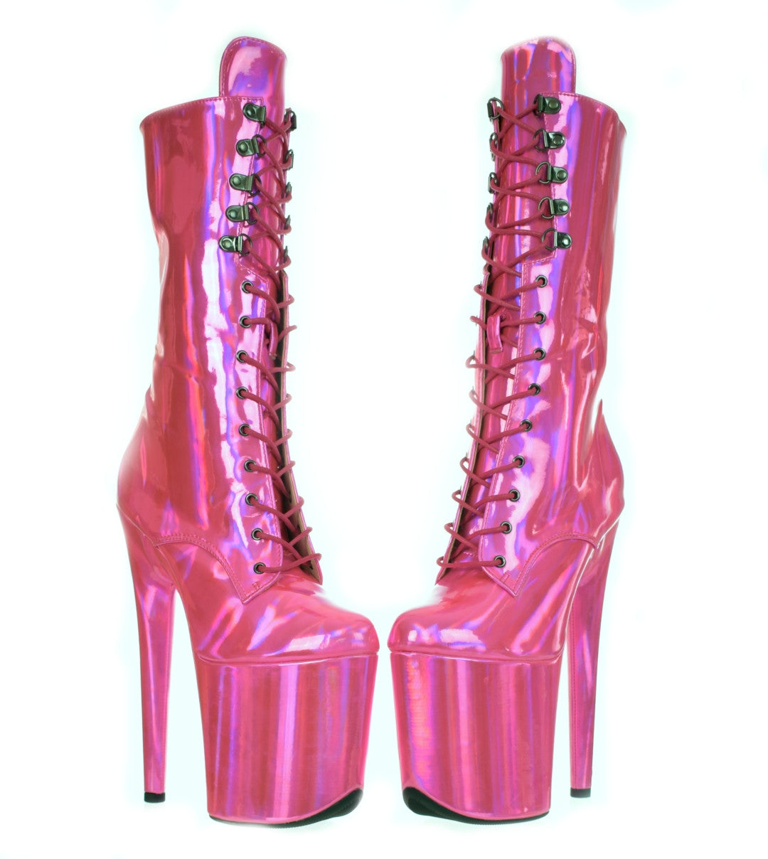 Pearlscent Pink Platform Stiletto Boot. Vegan Leather Pink Neon.