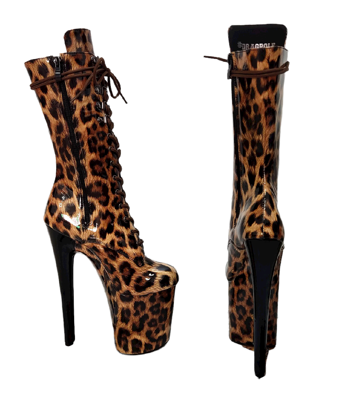 Brown Leopard Patent Print Platform Boots. Vegan Leather