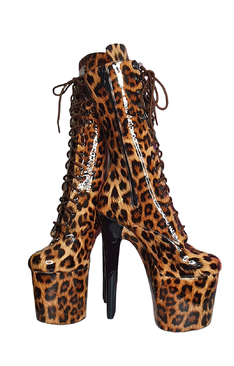 Brown Leopard Patent Print Platform Boots. Vegan Leather