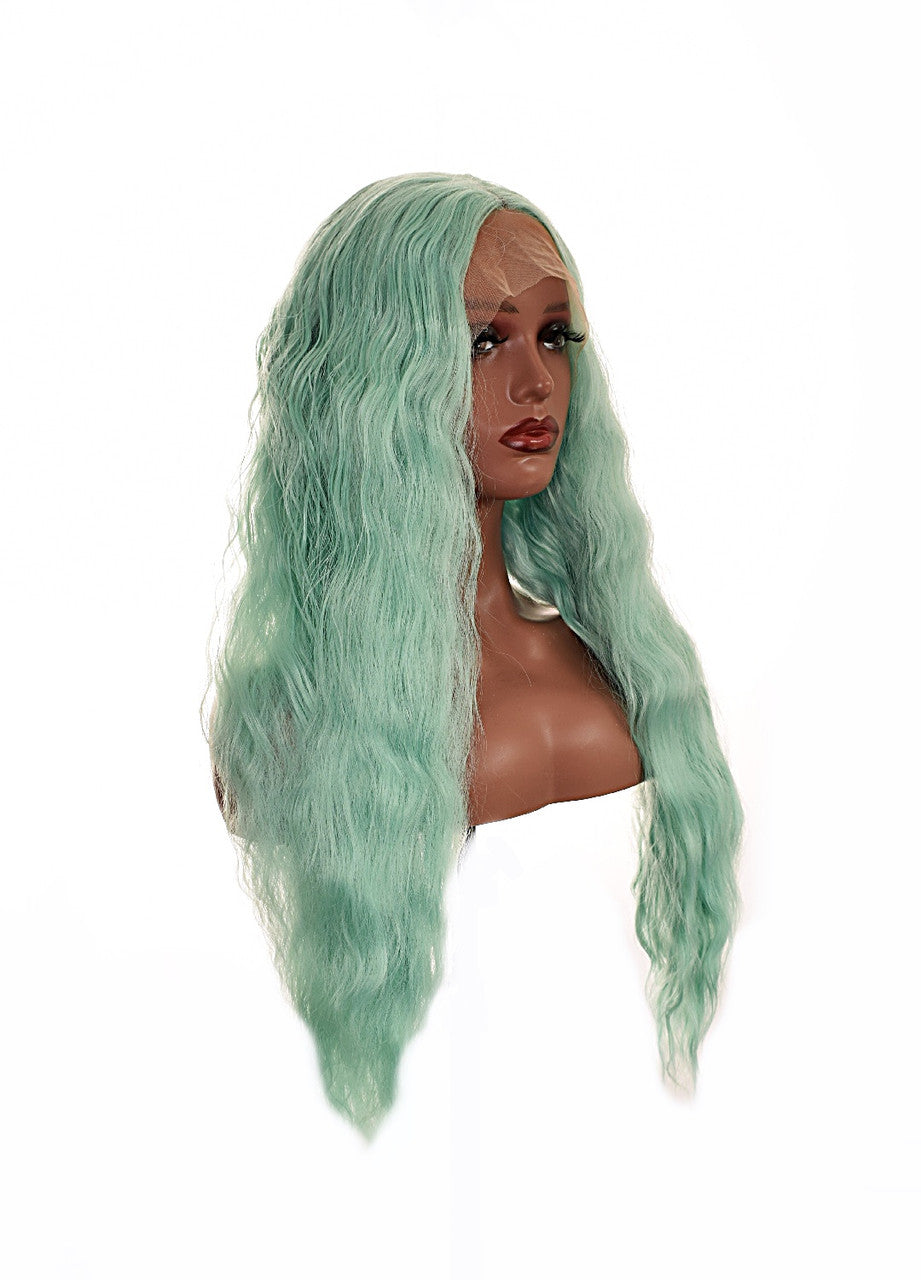 Mint Green Textured Lace Front Wig. Aqua Marine Wig