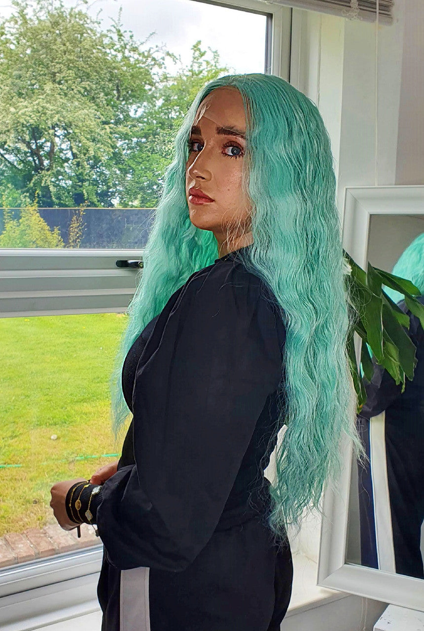 Mint Green Textured Lace Front Wig. Aqua Marine Wig