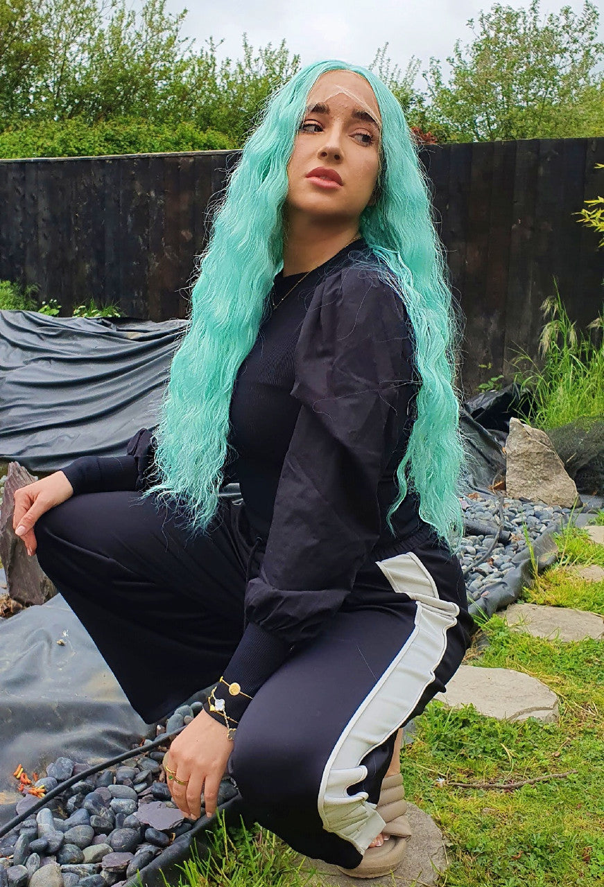 Mint Green Textured Lace Front Wig. Aqua Marine Wig