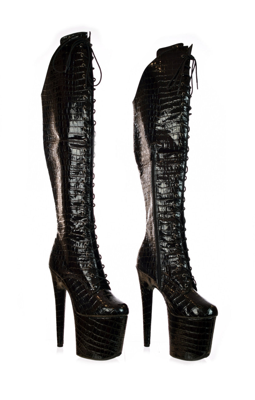 Over Knee Black Patent Mock Croc Platform Boots. Vegan Leather. UK 9