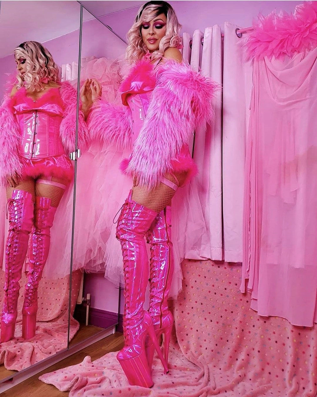 Barbz Pearlescent Pink Thigh High Platform Boots. 20cm 8 Inch Heels. Dragpole Shoes