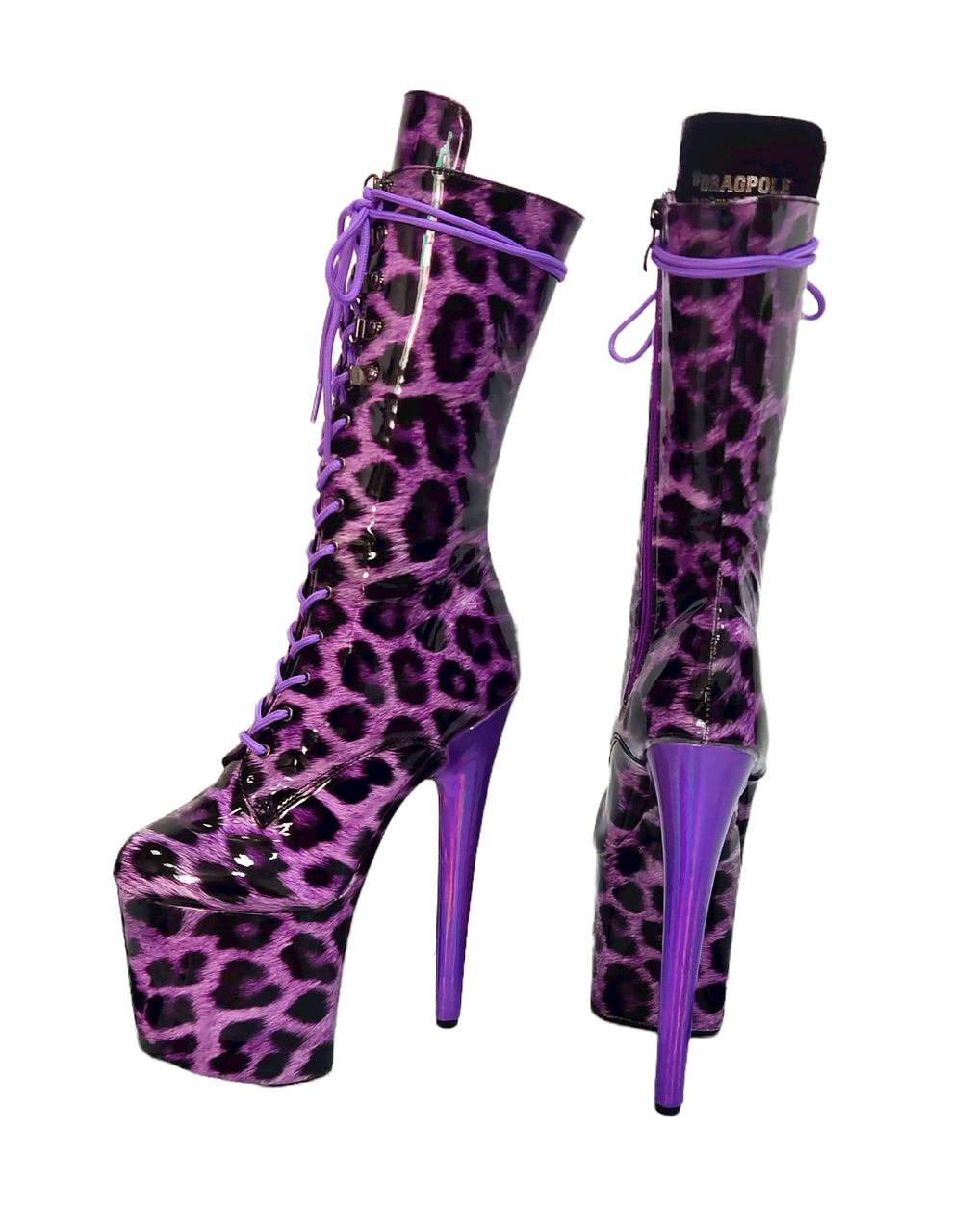 Purple Leopard Patent Print Platform Boots. Vegan Leather