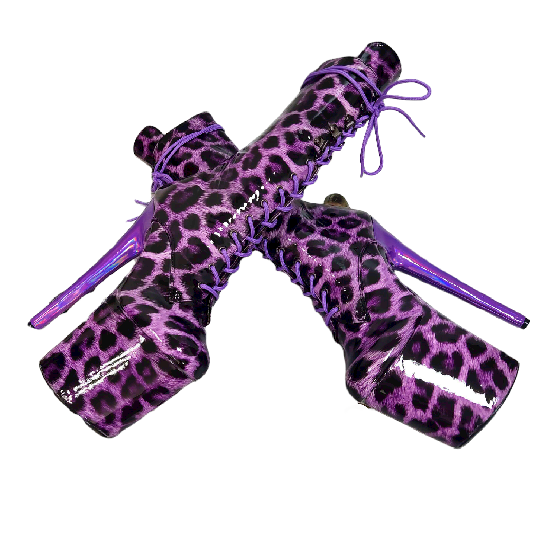 Purple Leopard Patent Print Platform Boots. Vegan Leather