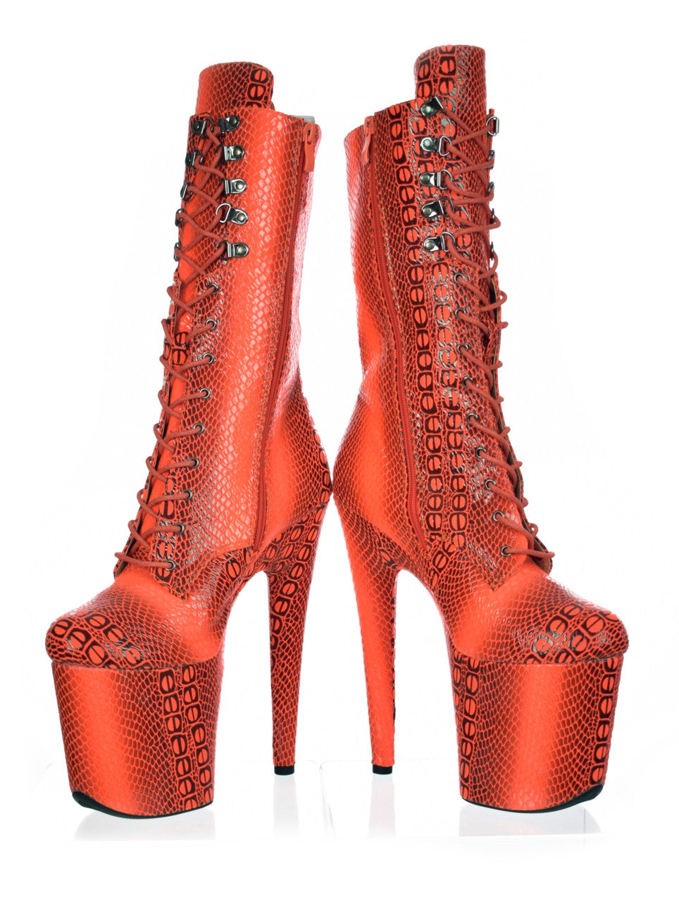 Orange Red Snake Print Platform Stiletto Boot. Vegan Leather Red Anaconda