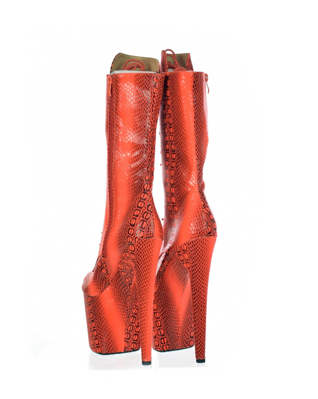 Orange Red Snake Print Platform Stiletto Boot. Vegan Leather Red Anaconda