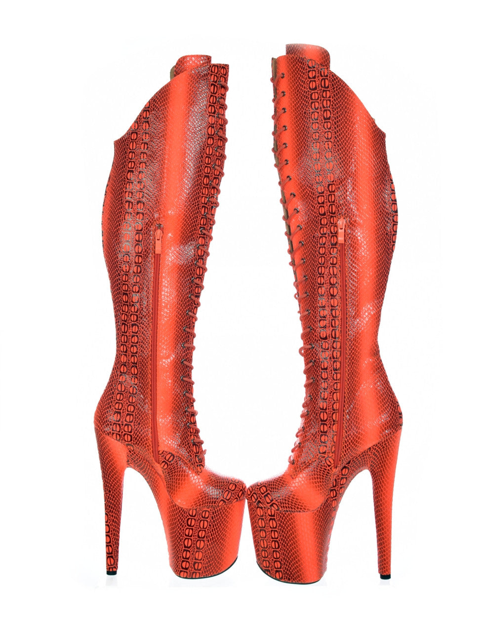 Over the knee Orange Red Snake Print Platform Boots. Vegan Leather. Red Anaconda